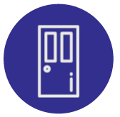 Un icono de una puerta en un círculo azul.