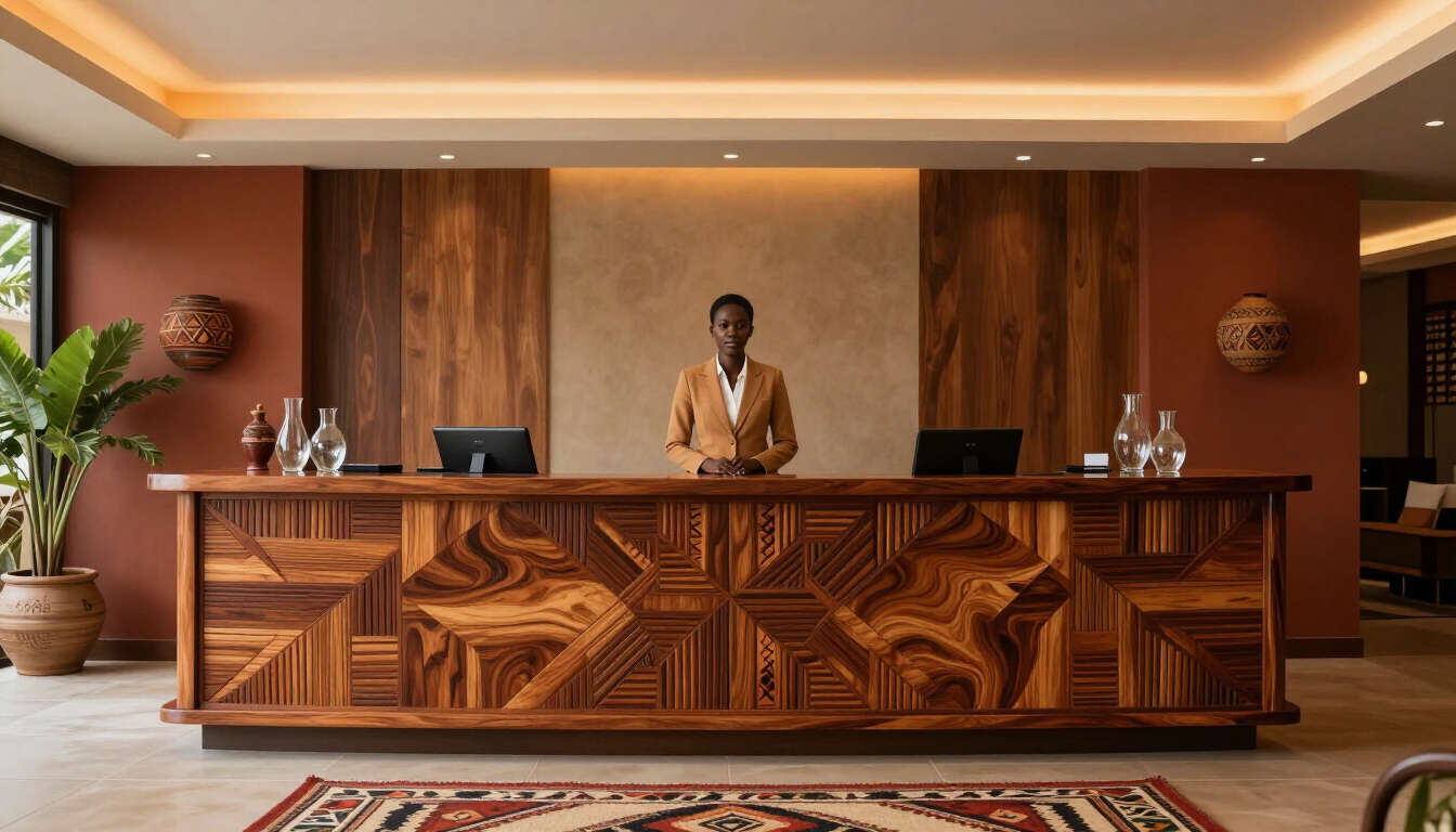 Modern luxury lodge reception desk with professional atmosphere