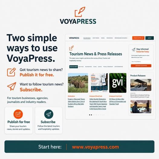 Voyapress promo showing two ways to use the platform: publish and subscribe, with website screenshot and orange accents