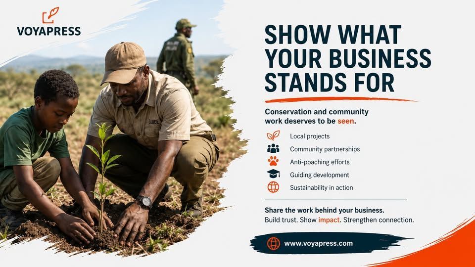 Man planting seedlings with child beside bold business text on sustainability and community impact theme