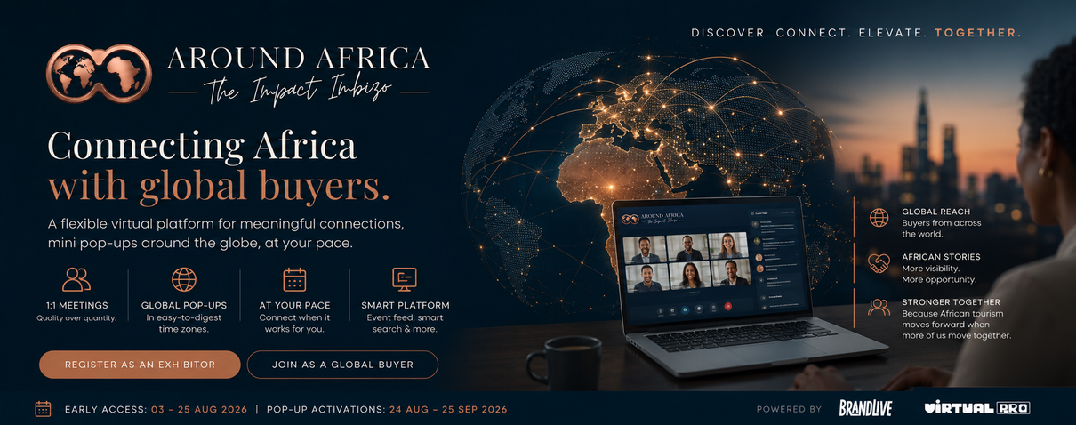 Promotional banner for Around Africa, connecting Africa with global buyers on a dark cityscape background.