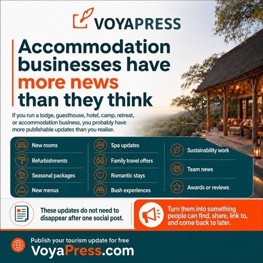 Voyapress promo graphic: “Accommodation business have more news than they think,” with feature icons and website callout