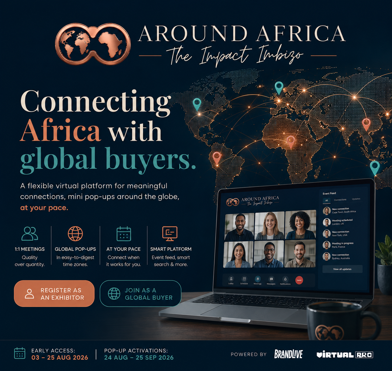 Around Africa event promo with globe, connected cities, and a laptop video conference on a dark blue background