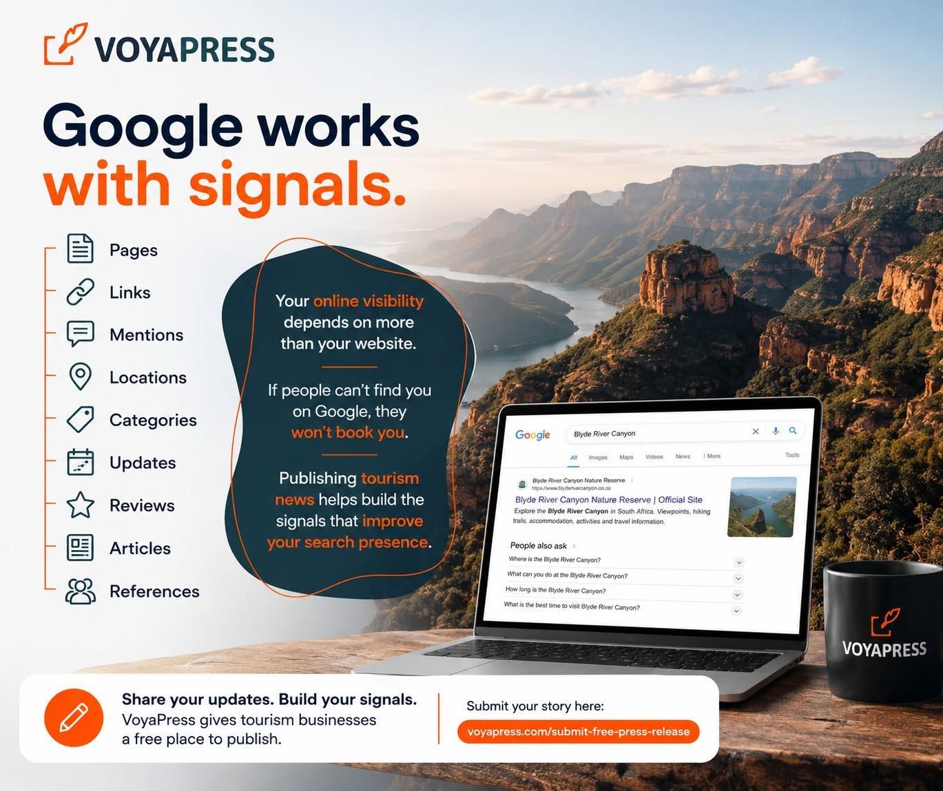 Voyapress webpage mockup with “Google works with signals” text, travel links, mountain landscape, and laptop on desk