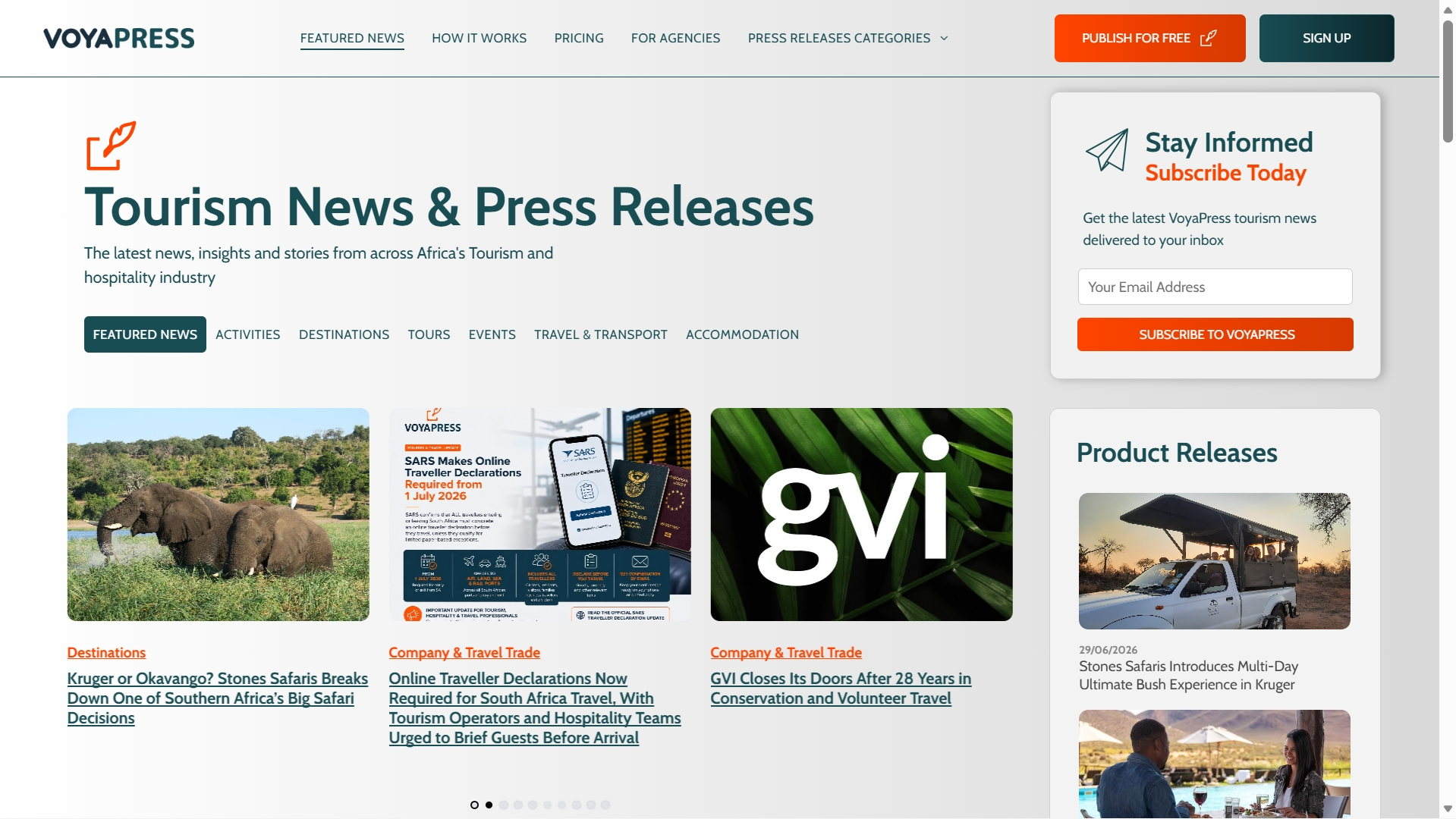Tourism News & Press Releases on VoyaPress with article cards and a right-side subscribe panel