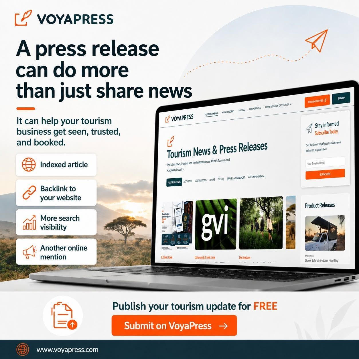 VoyApress tourism press release ad with laptop website mockup and orange call-to-action button