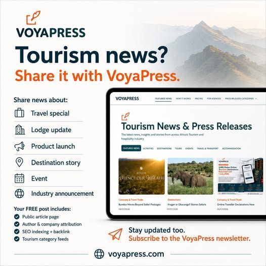 VoyaPress tourism news promo showing a website mockup, mountains, and icons for travel, lodging, products, events, and announcements