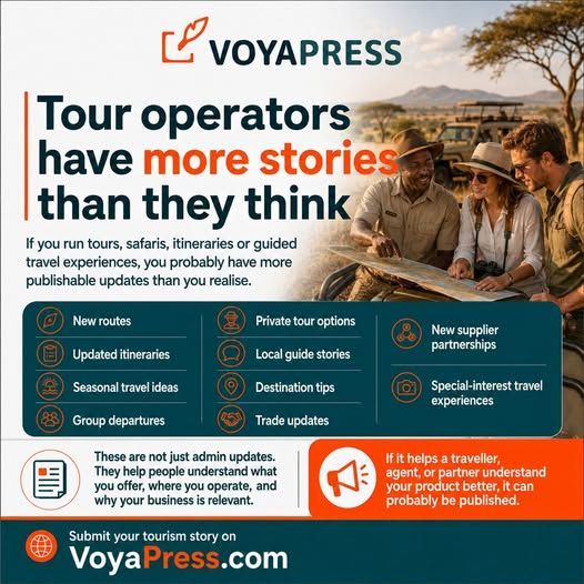 Voyapress ad for tour operators with people traveling and a list of travel publishing features