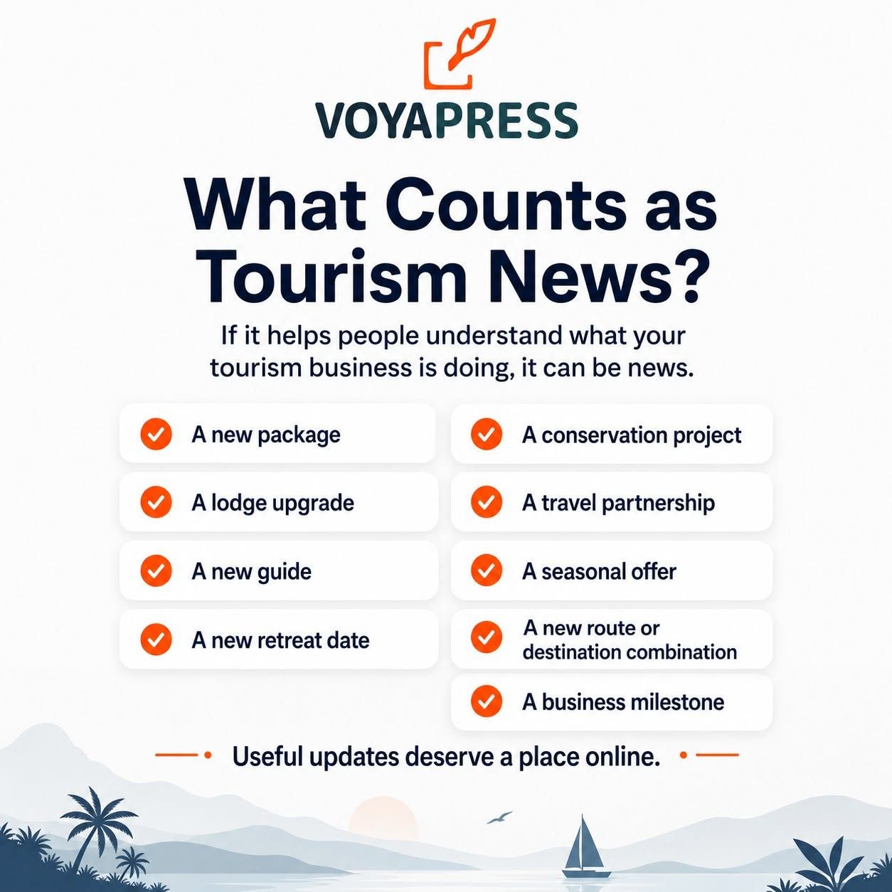 Voyapress infographic titled “What Counts as Tourism News?” with orange checklist items on a white background