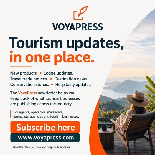 VOYAPRESS travel newsletter ad with orange “Subscribe here” button and beach scene