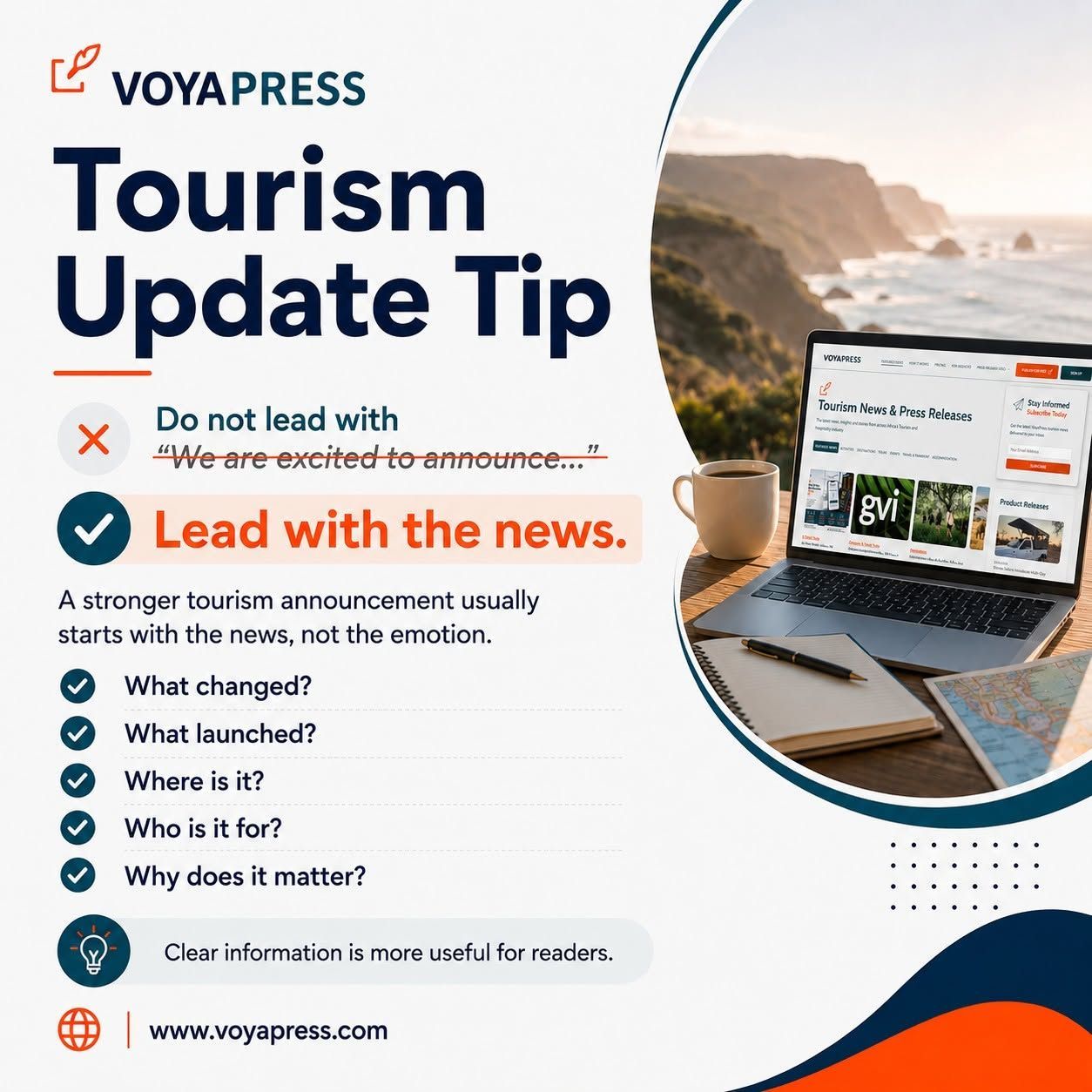 Voyapress tourism update tip graphic with laptop on desk, beach backdrop, and bold blue text on white