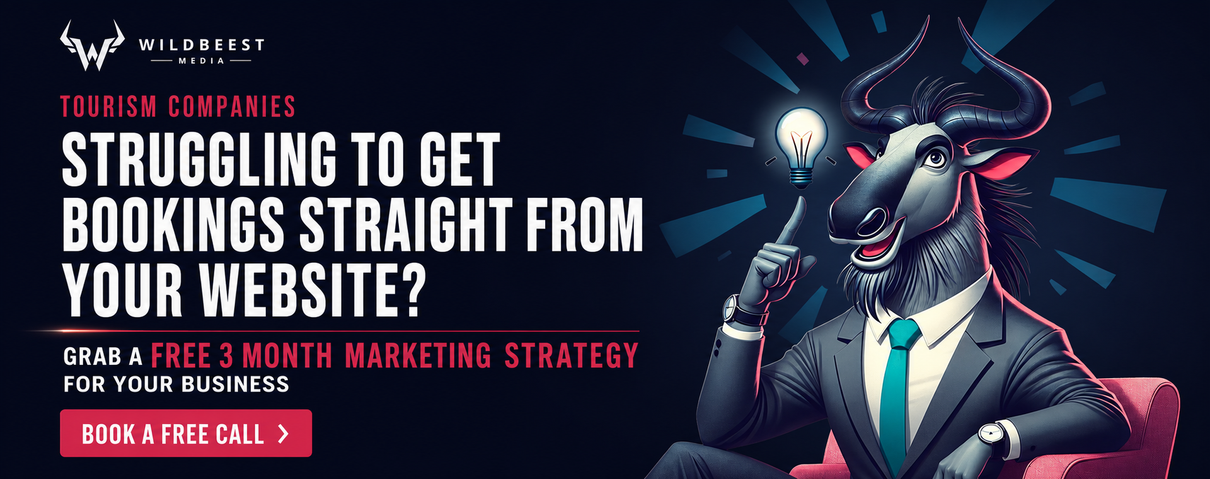 Bull mascot in suit beside text: “Struggling to get bookings straight from your website?” SEO ad on dark background
