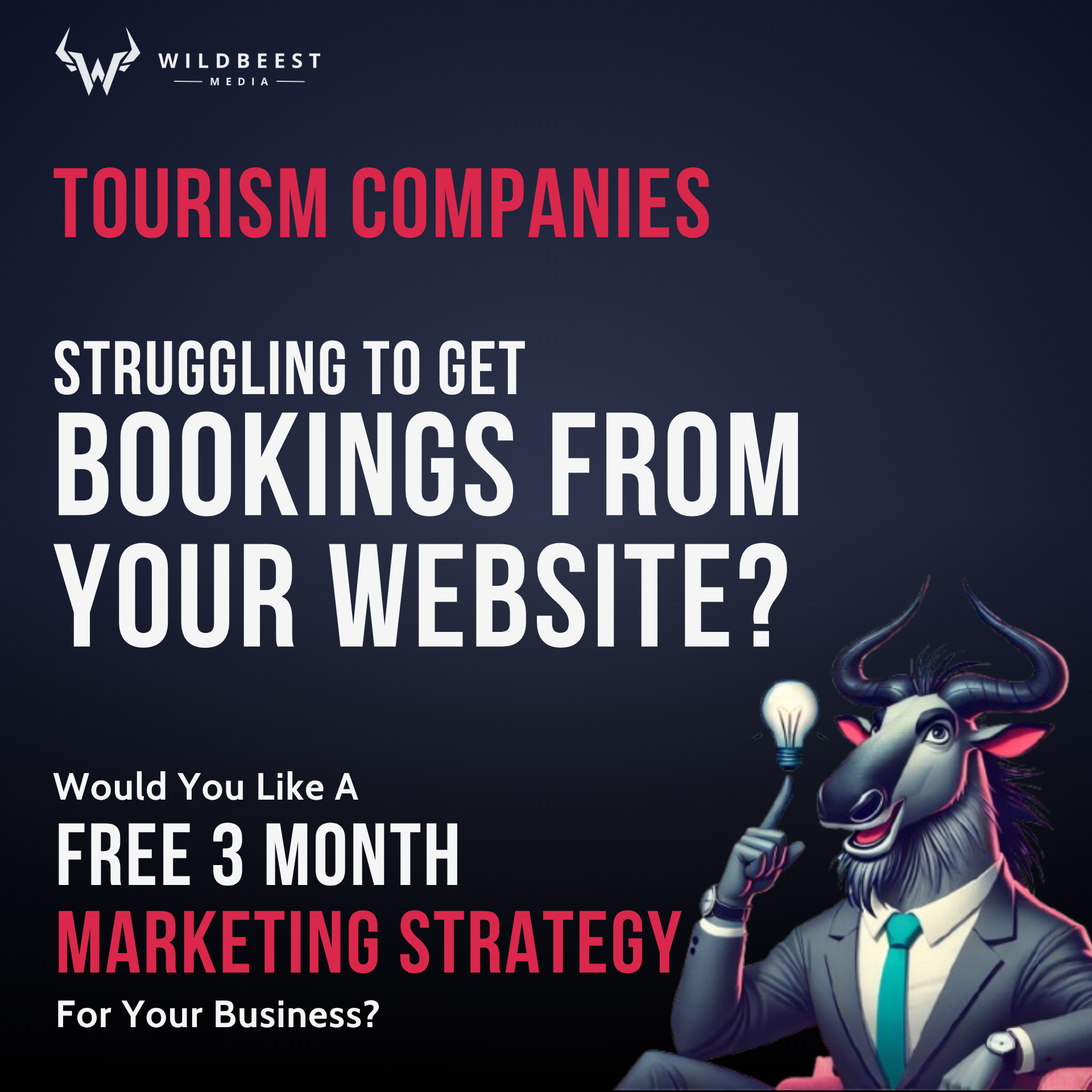 Ad for tourism marketing: “Struggling to get bookings from your website?” with a bull mascot on dark blue background