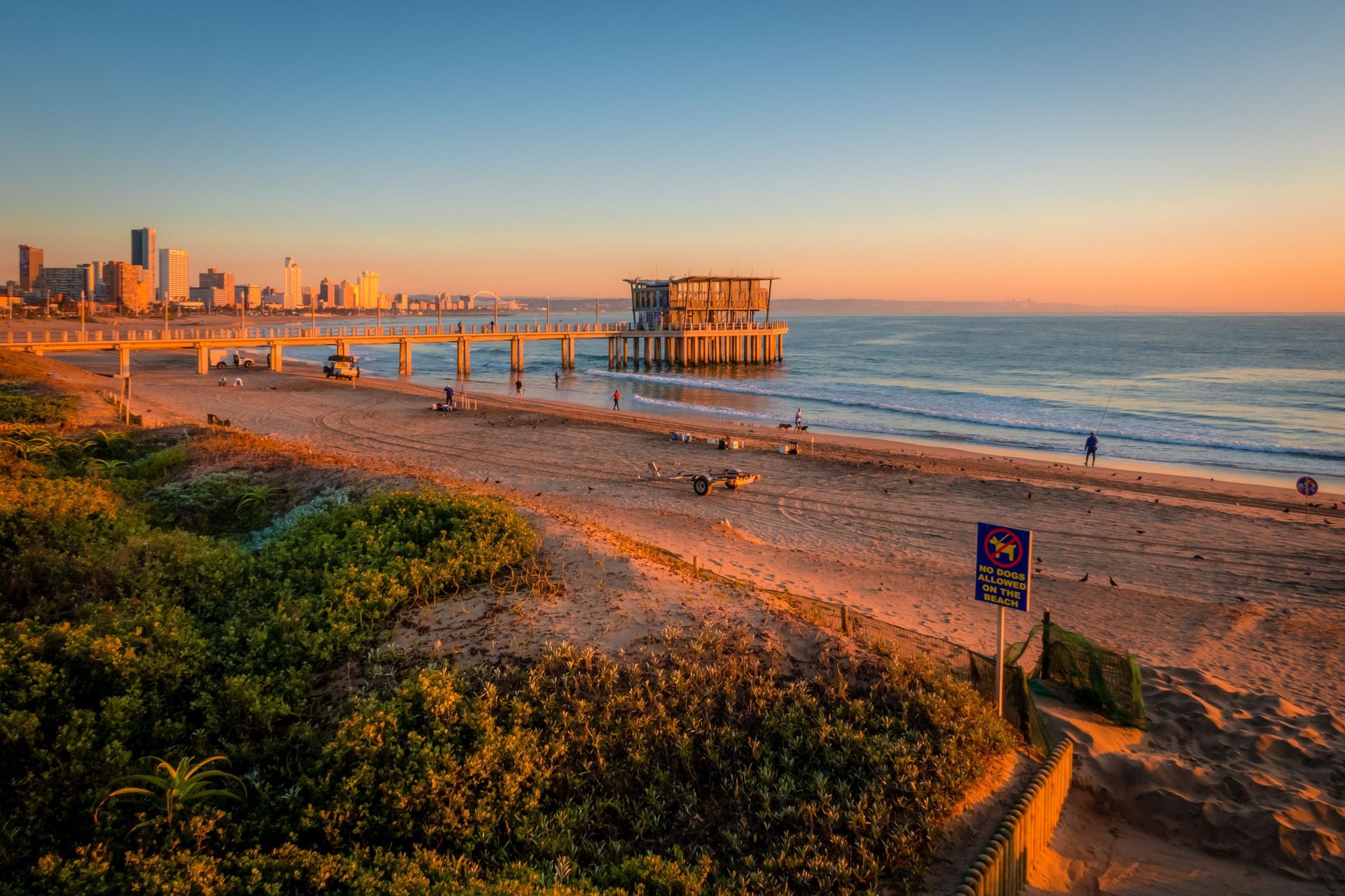 Sunset over a Durban beach with a pier, city skyline, and ocean waves beyond dune grasses