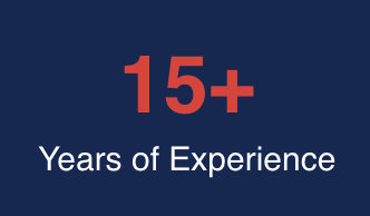 15+ in red above “Years of Experience” in white on a dark blue background