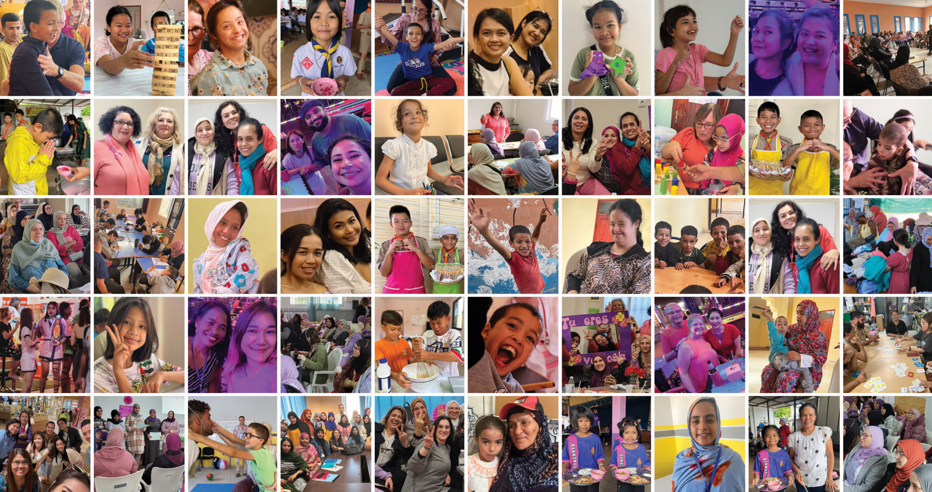 Grid of many photos of diverse people smiling, interacting, and engaged in activities.