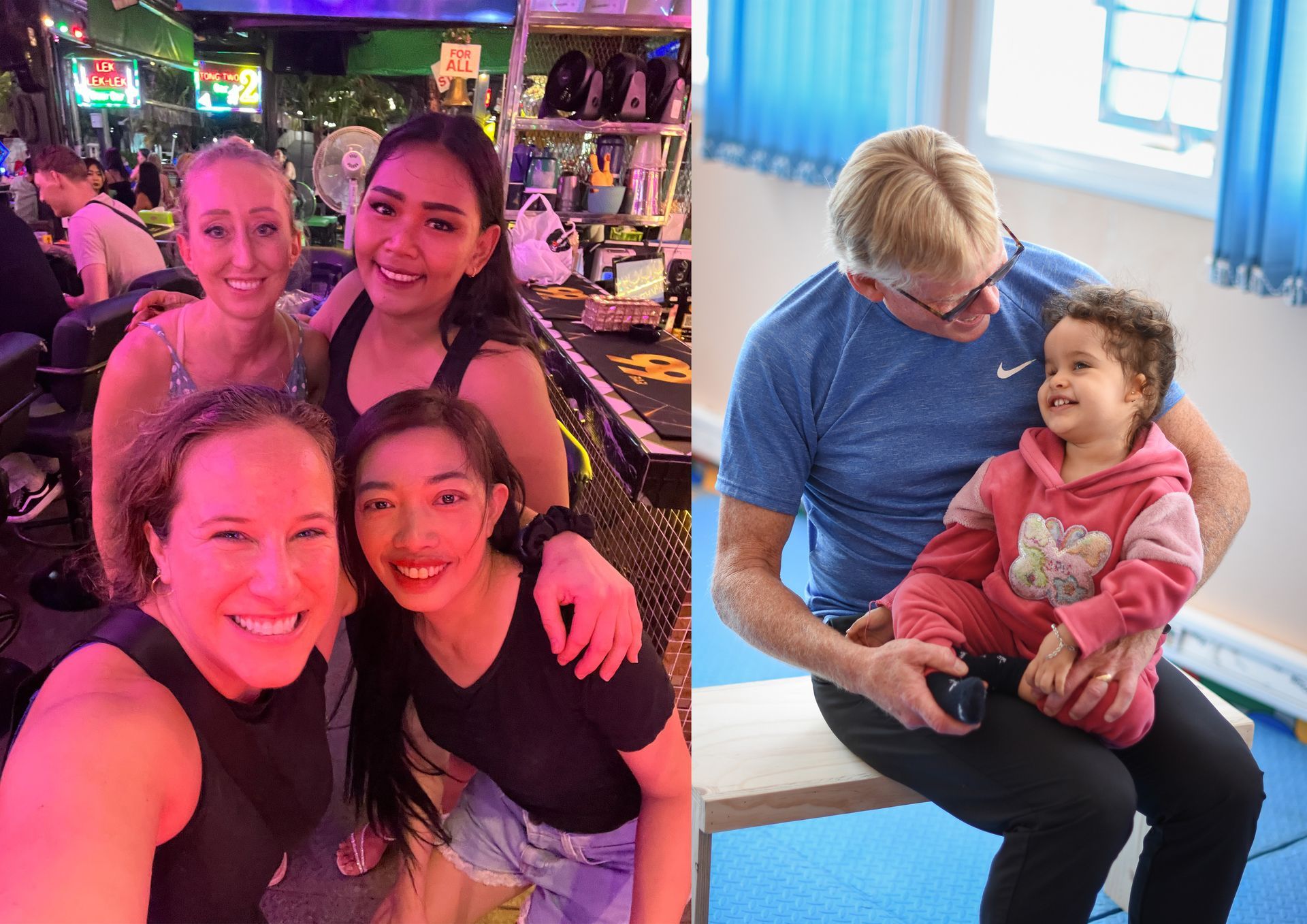 Left: Four women smiling, posing together inside a bar. Right: Man sitting with a child.