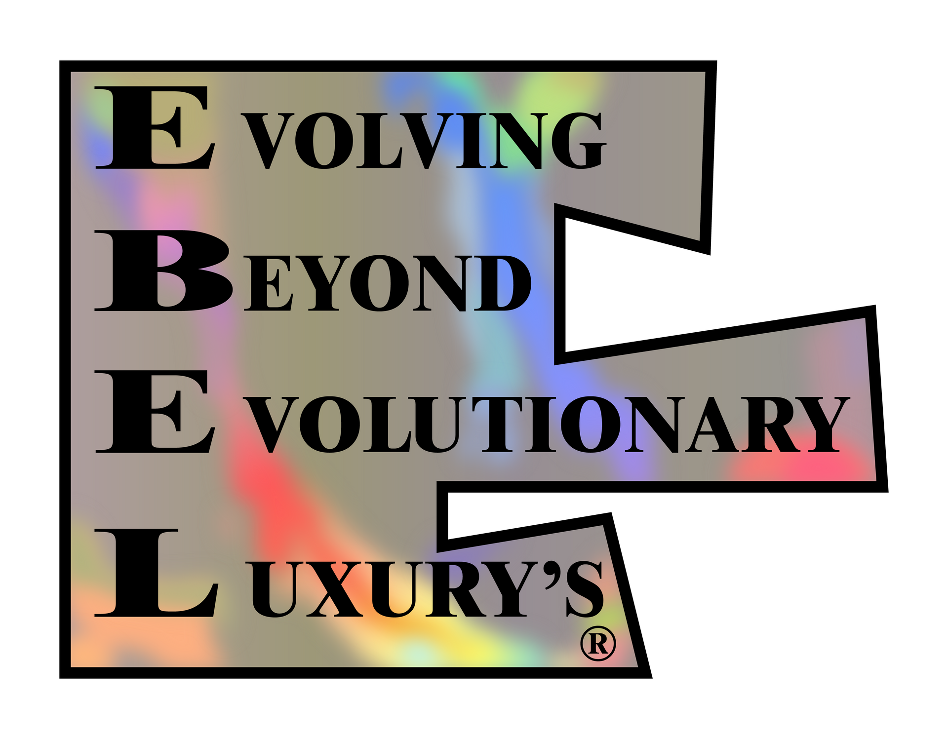 Logo for EBEL, featuring the word "EBEL" stacked vertically with text alongside, framed by a silver-holographic shape.