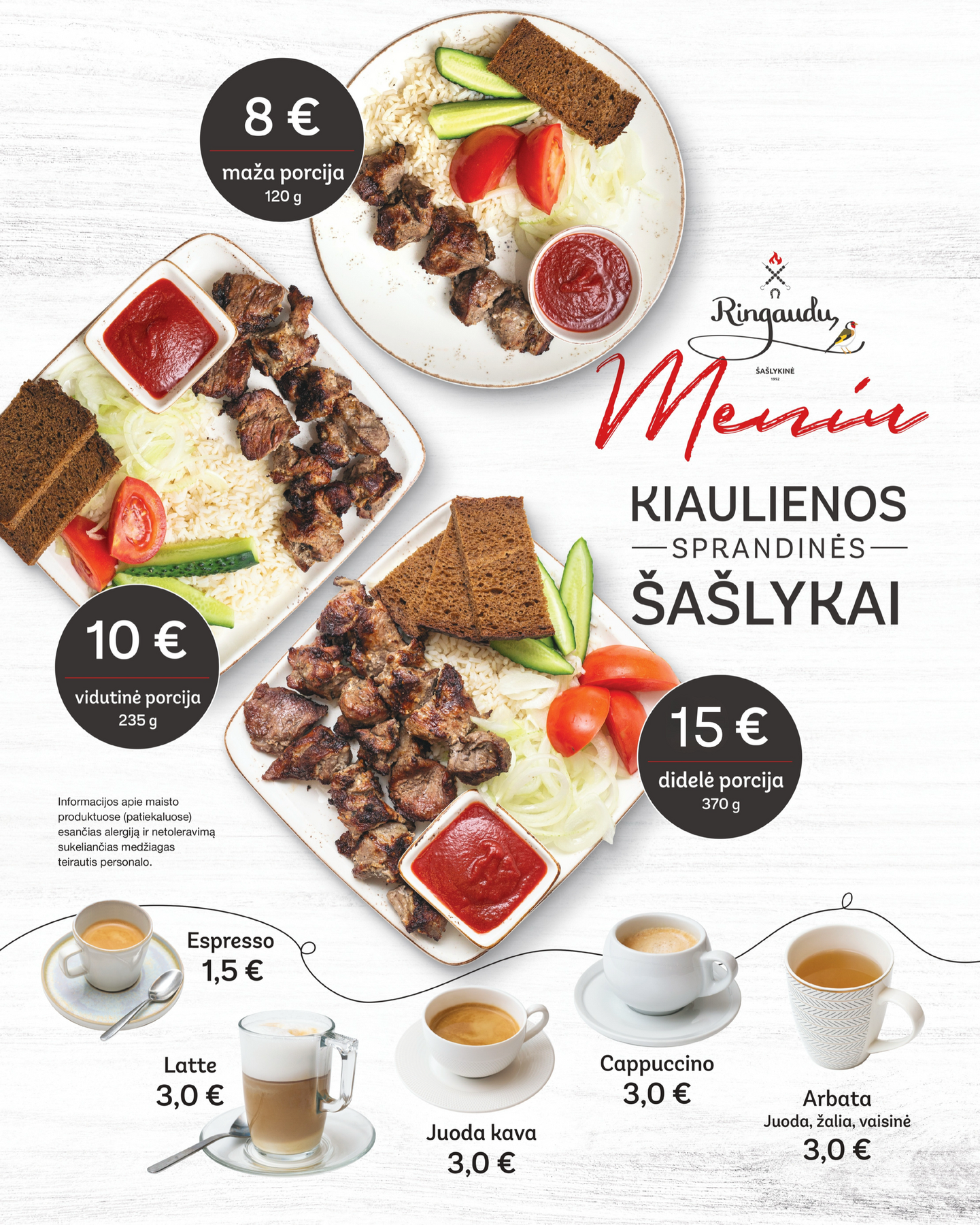 Restorano meniu plakatas su keptos mėsos lėkštėmis, kavos puodeliais ir anglišku užrašu su kainomis baltame fone