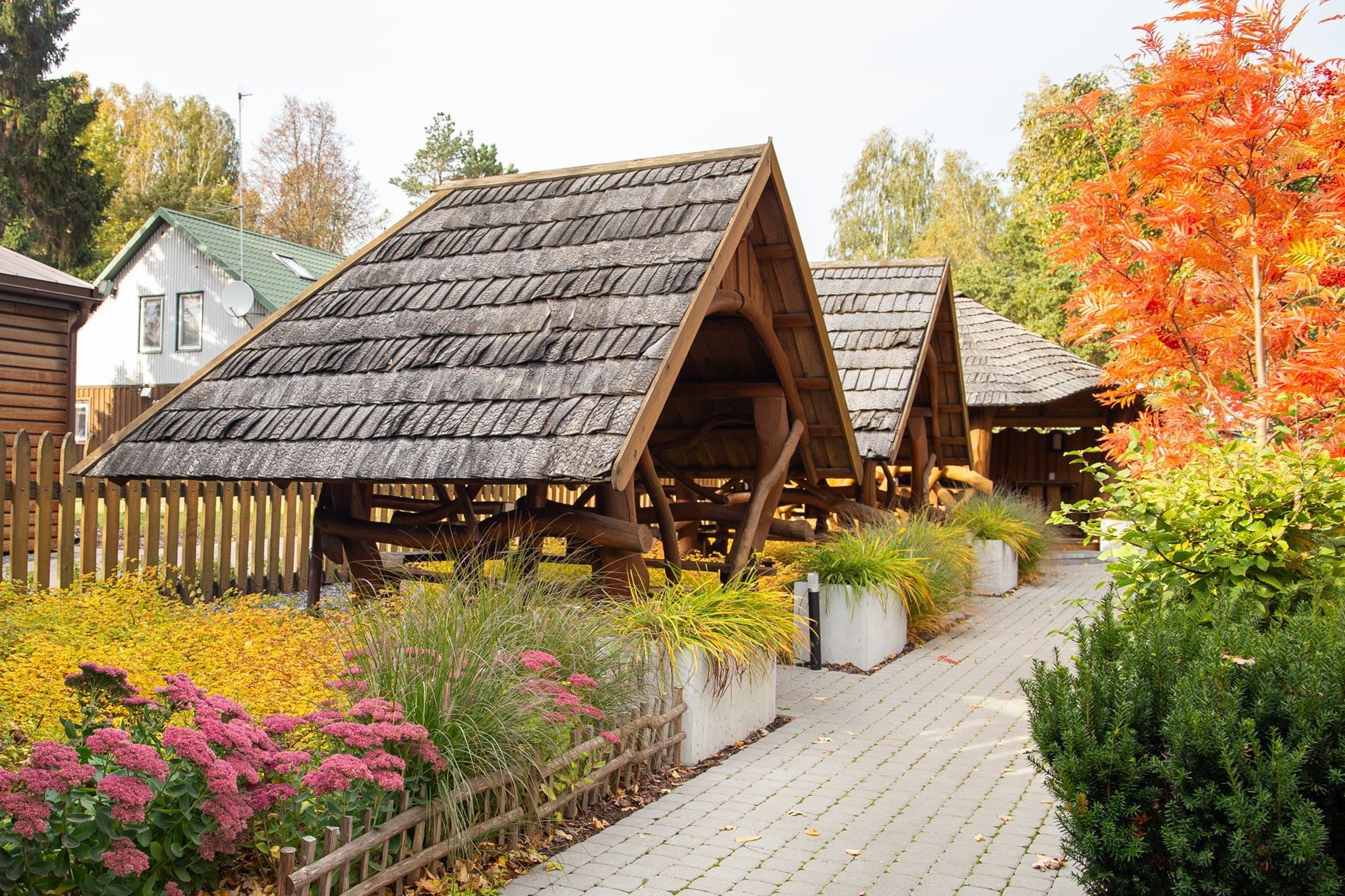 Mediniai nameliai palei sodo taką šalia spalvingų rudens gėlių ir medžių