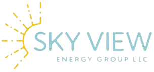 Sky View Energy Group LLC logo with light blue text and yellow sunburst icon
