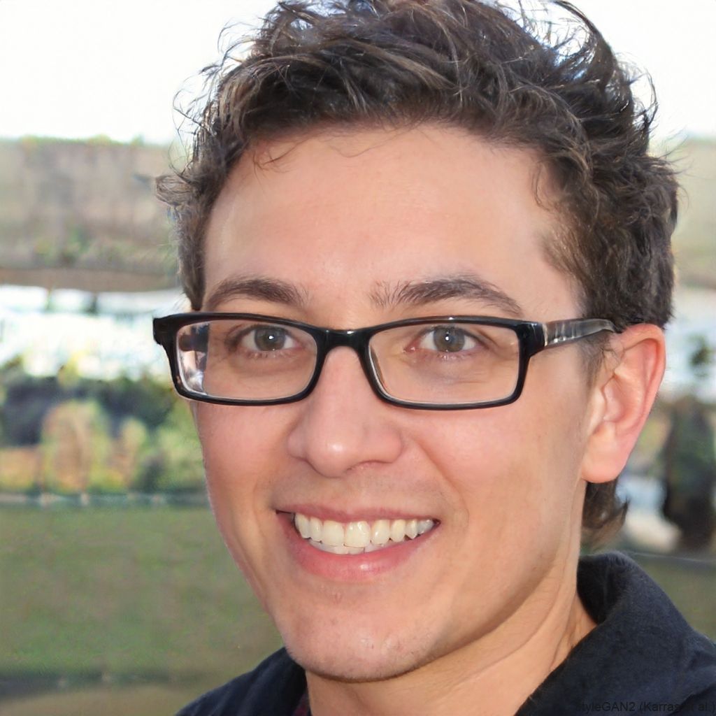 Smiling person wearing black glasses outdoors, with a blurred background