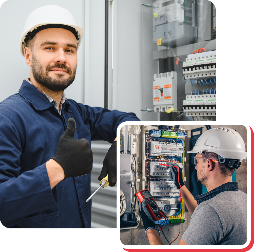 Electrician inspecting open control panels in a gray utility cabinet, wearing a hard hat and gloves.