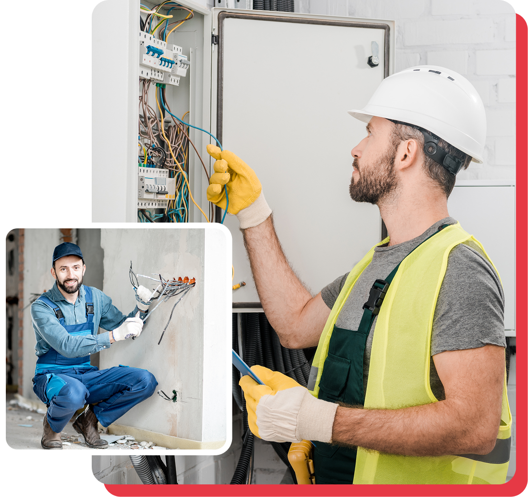 Electrician in hard hat inspecting wiring in an open electrical panel, with a small inset of a handyman using a drill.