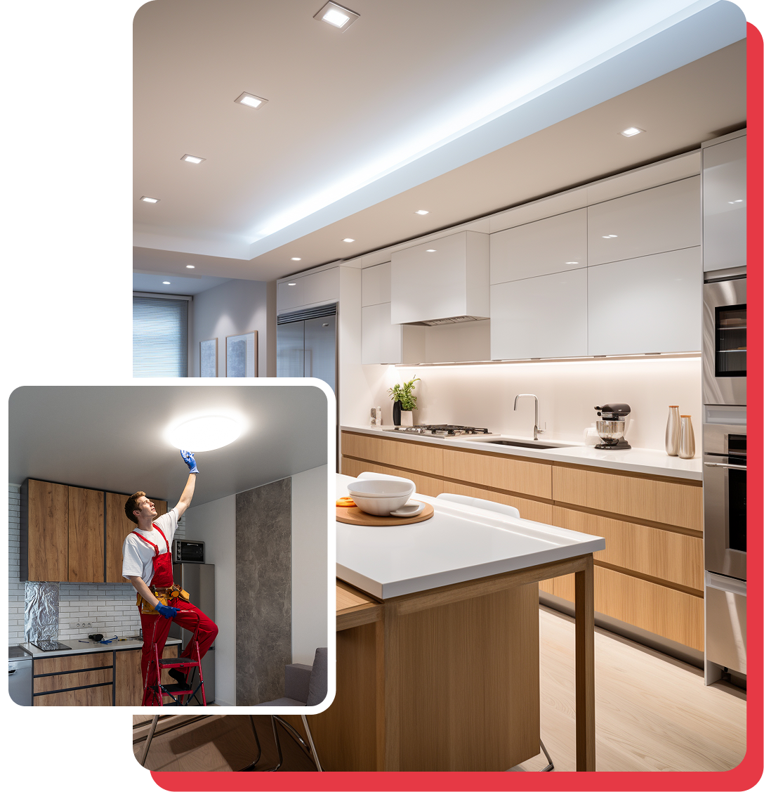 Kitchen with recessed lighting; worker on a ladder installing a light fixture.