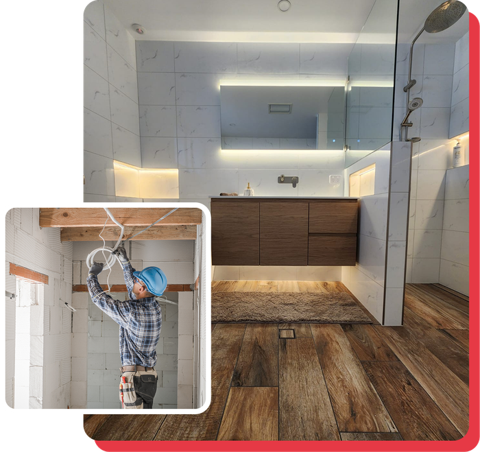 Modern bathroom renovation with marble walls, wood vanity, and a worker using a drill overlayed in the corner