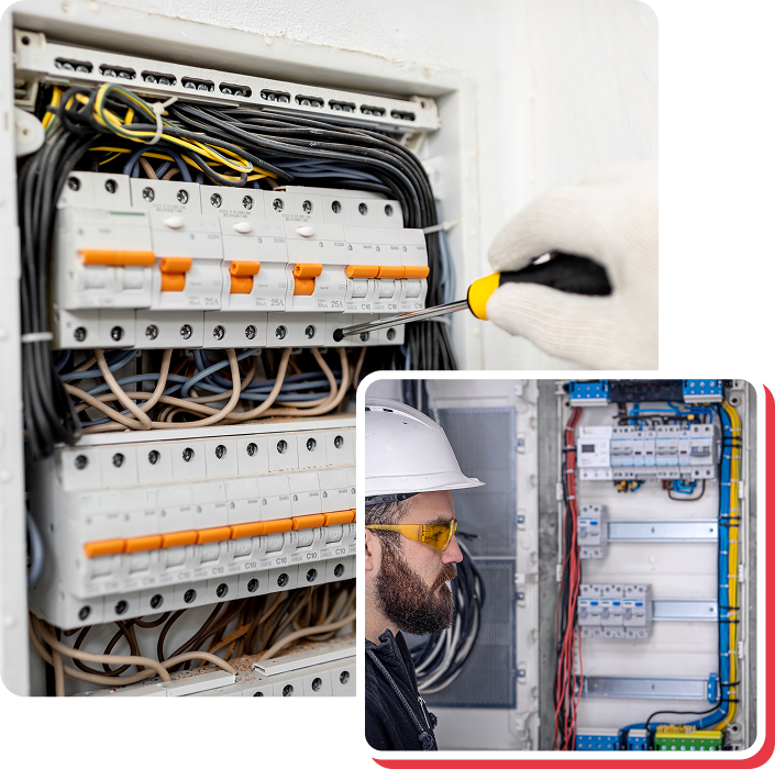 Electrician working on an electrical panel with circuits, wires, and safety gear.