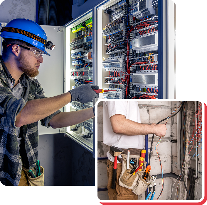 Technician inspecting open electrical and network cabinets; inset shows wiring tools at a wall panel.