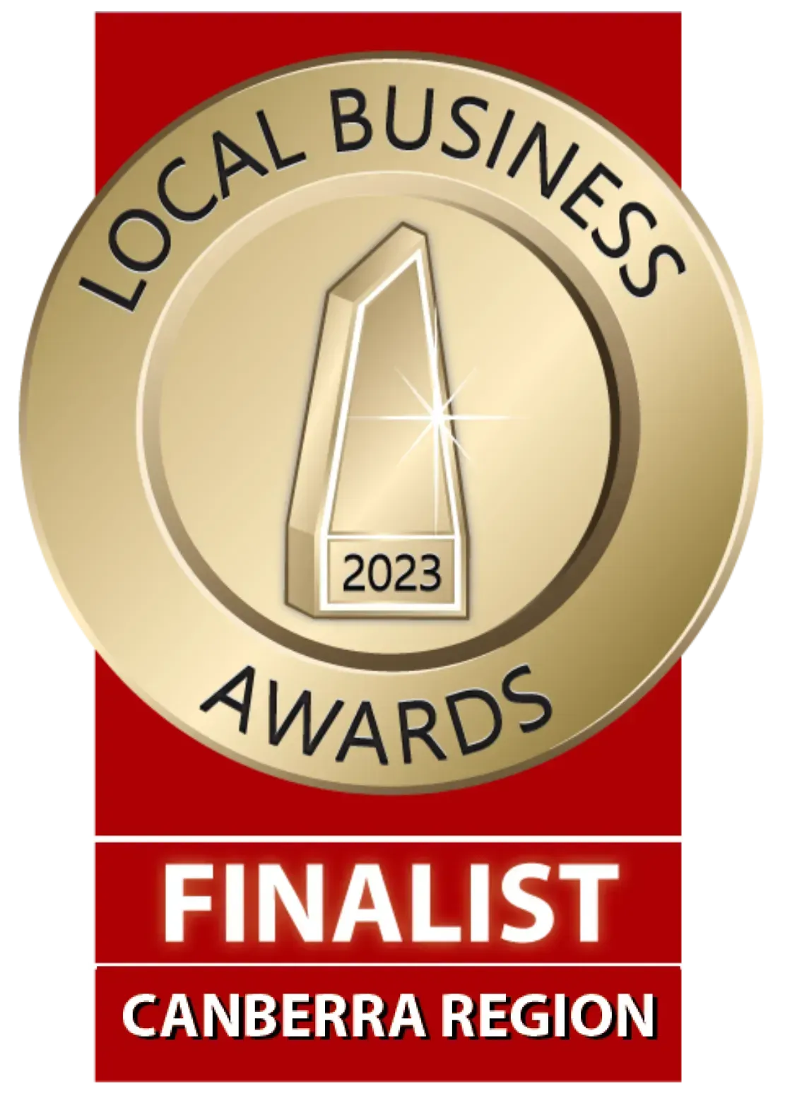 Gold seal for the 2023 Local Business Awards, labeling the business a Finalist in the Canberra Region.