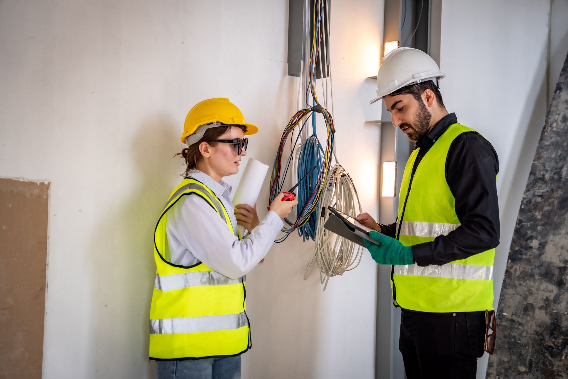 Two construction workers examine wiring; one holds blueprints, the other a clipboard. Both wear vests and helmets.