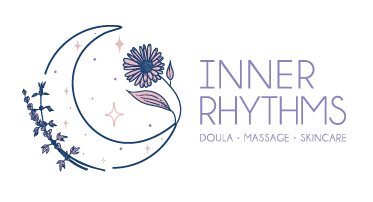 Inner Rhythms logo with crescent moon, floral design, and purple text for doula, massage, skincare