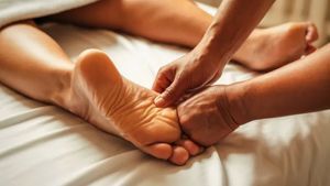 Close-up of a foot massage with hands pressing the sole on a white bed
