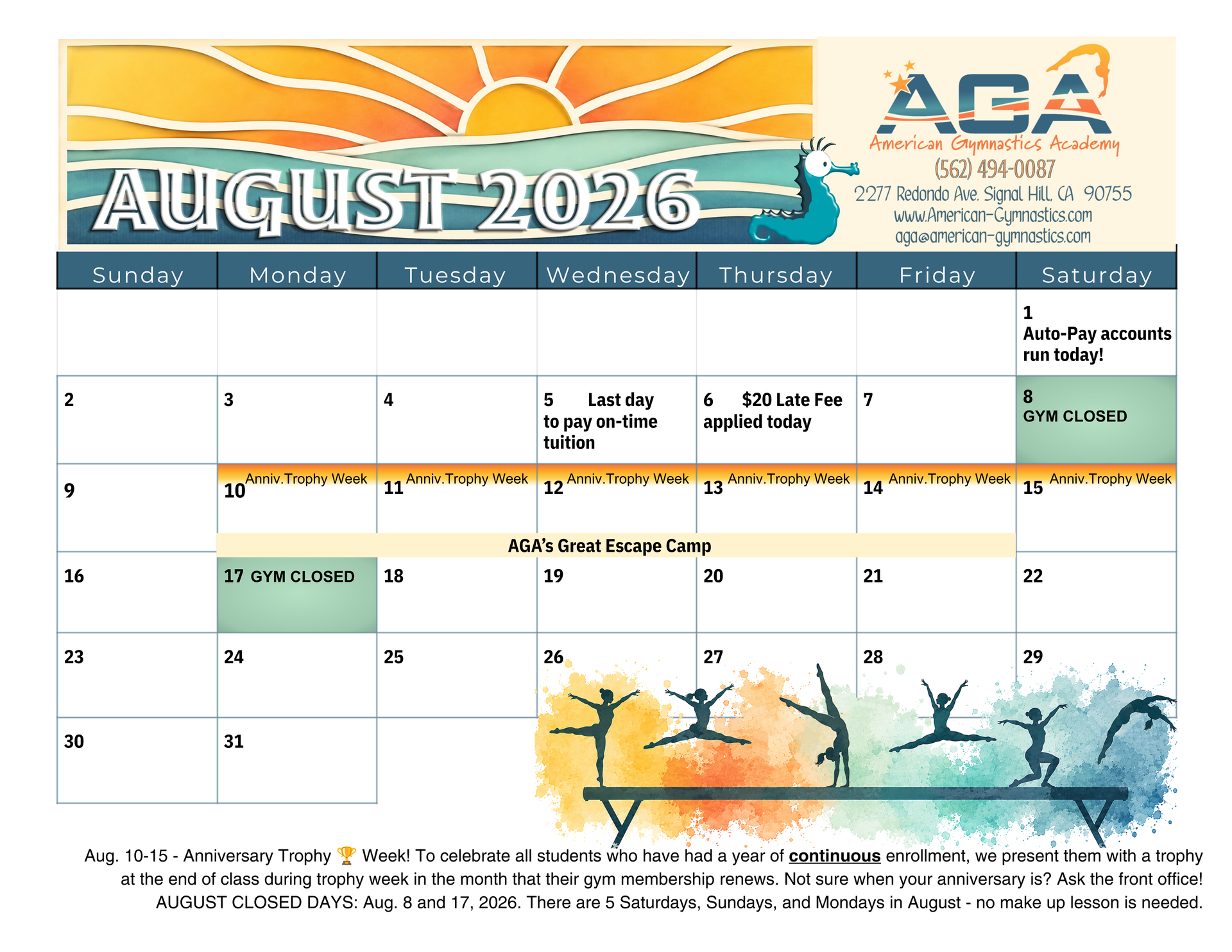 AGA gymnastics meet schedule calendar for November 2026, with pink and black event blocks on a white grid