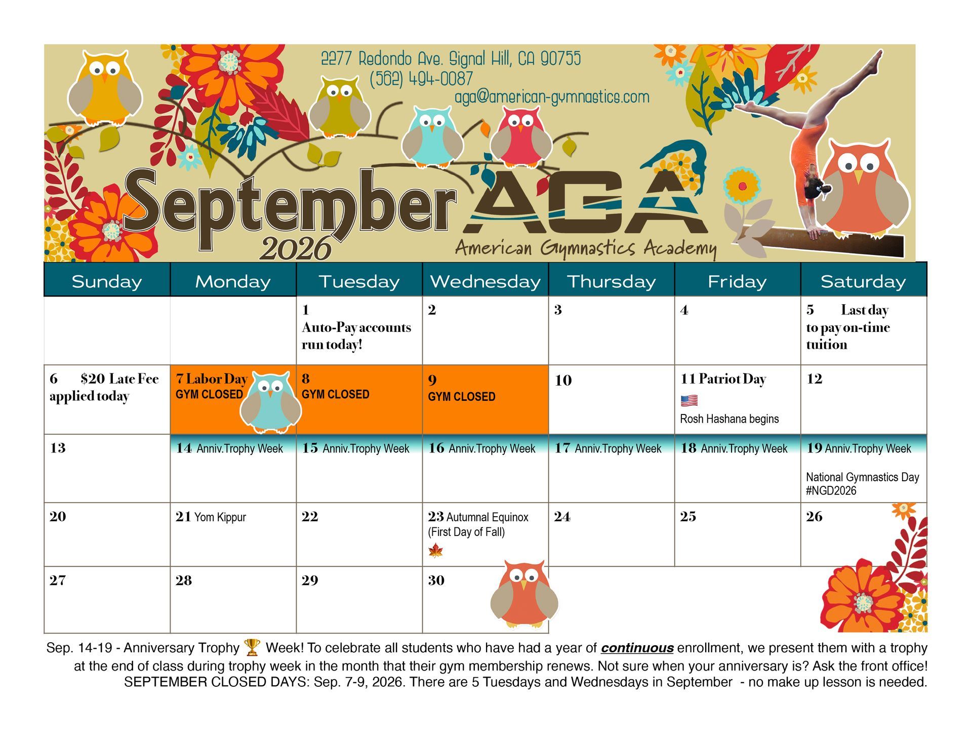 AGA gymnastics meet schedule calendar for November 2026, with pink and black event blocks on a white grid