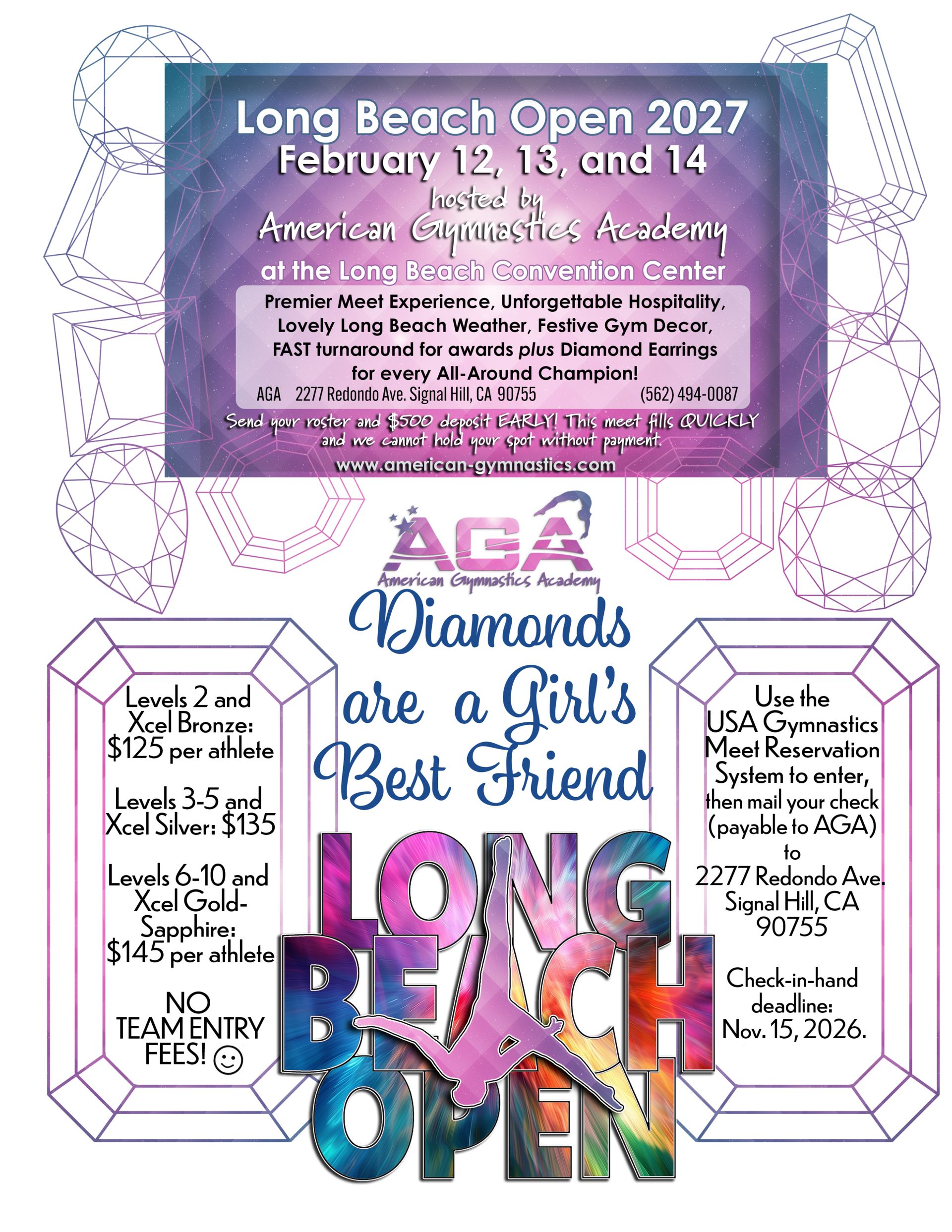 Long Beach Open 2027 gymnastics meet flyer on a purple background with event details and ACA logo