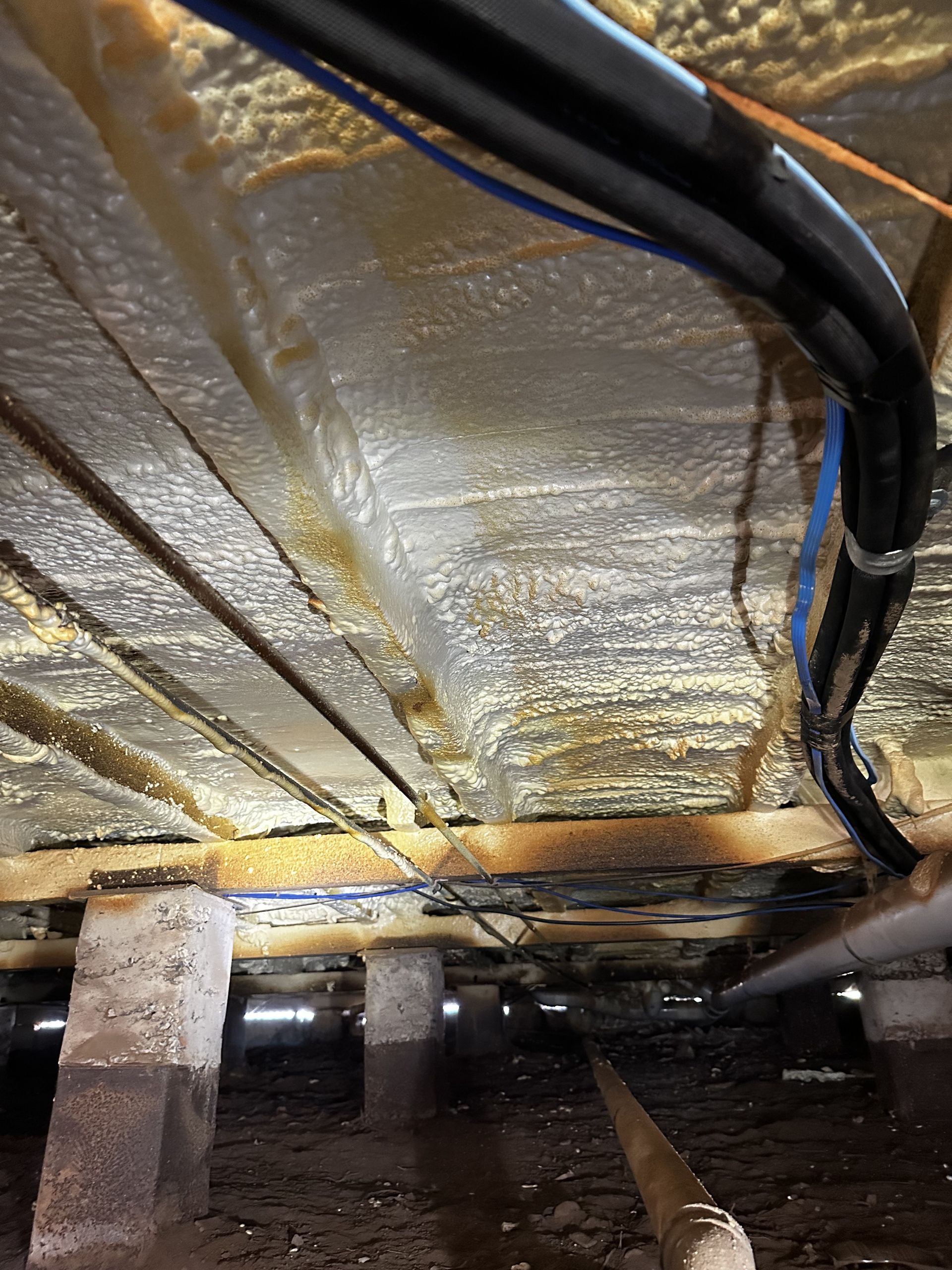 Underside of a house showing spray foam insulation between wooden beams and electrical wiring — Proshield Insulation & Waterproofing In Southern Highlands, NSW