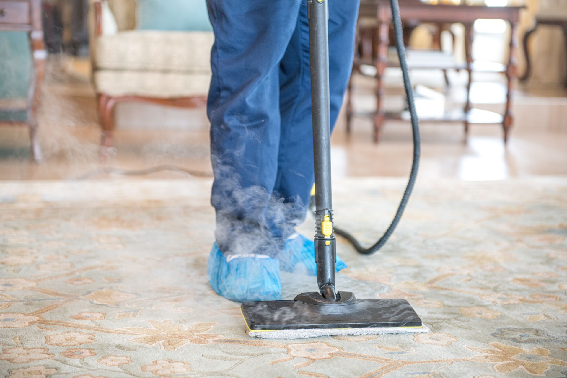 A person is using a steam mop to clean a rug in a living room. — Durant, OK — James Dry Carpet & Upholstery Cleaning Service