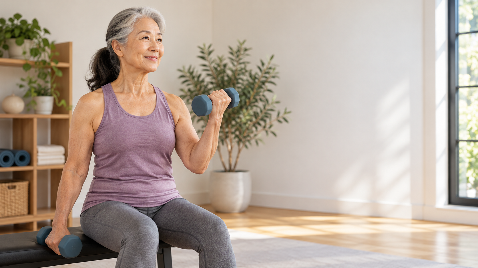 Older woman in her late 60s lifts a light dumbbell during a seated strength exercise in a bright hom