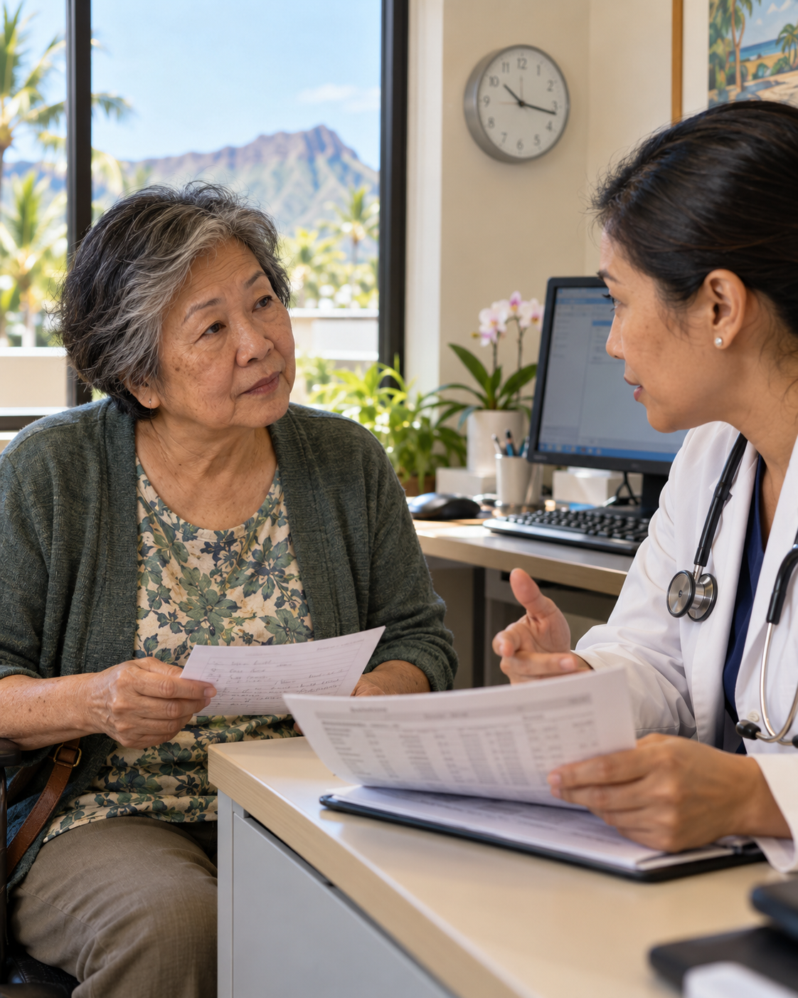 Older woman holding a question sheet while discussing a medical report with a clinician.