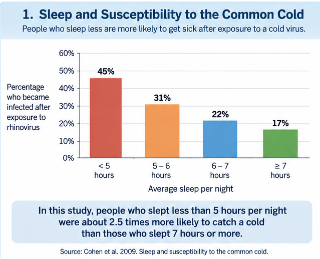 Bar-chart infographic comparing cold susceptibility across sleep-duration groups, showing the highest risk among people sleeping fewer than five hours and the lowest among those sleeping more than seven hours.