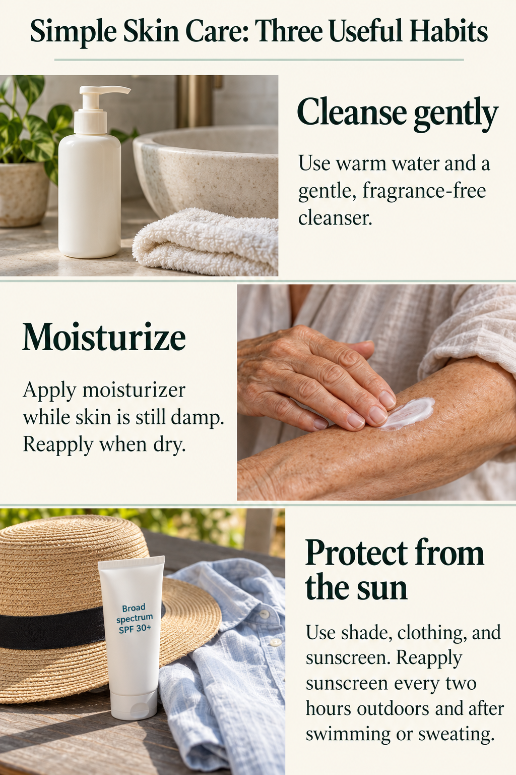 Three simple skin-care habits illustrated with gentle cleanser, moisturizer applied to an older woman's arm, and sunscreen with protective clothing.