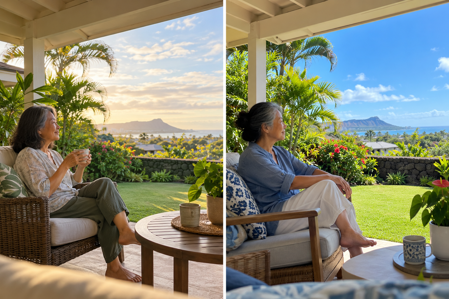 Two scenes of an older woman enjoying morning and afternoon daylight from a shaded Hawai‘i lanai overlooking a tropical garden.