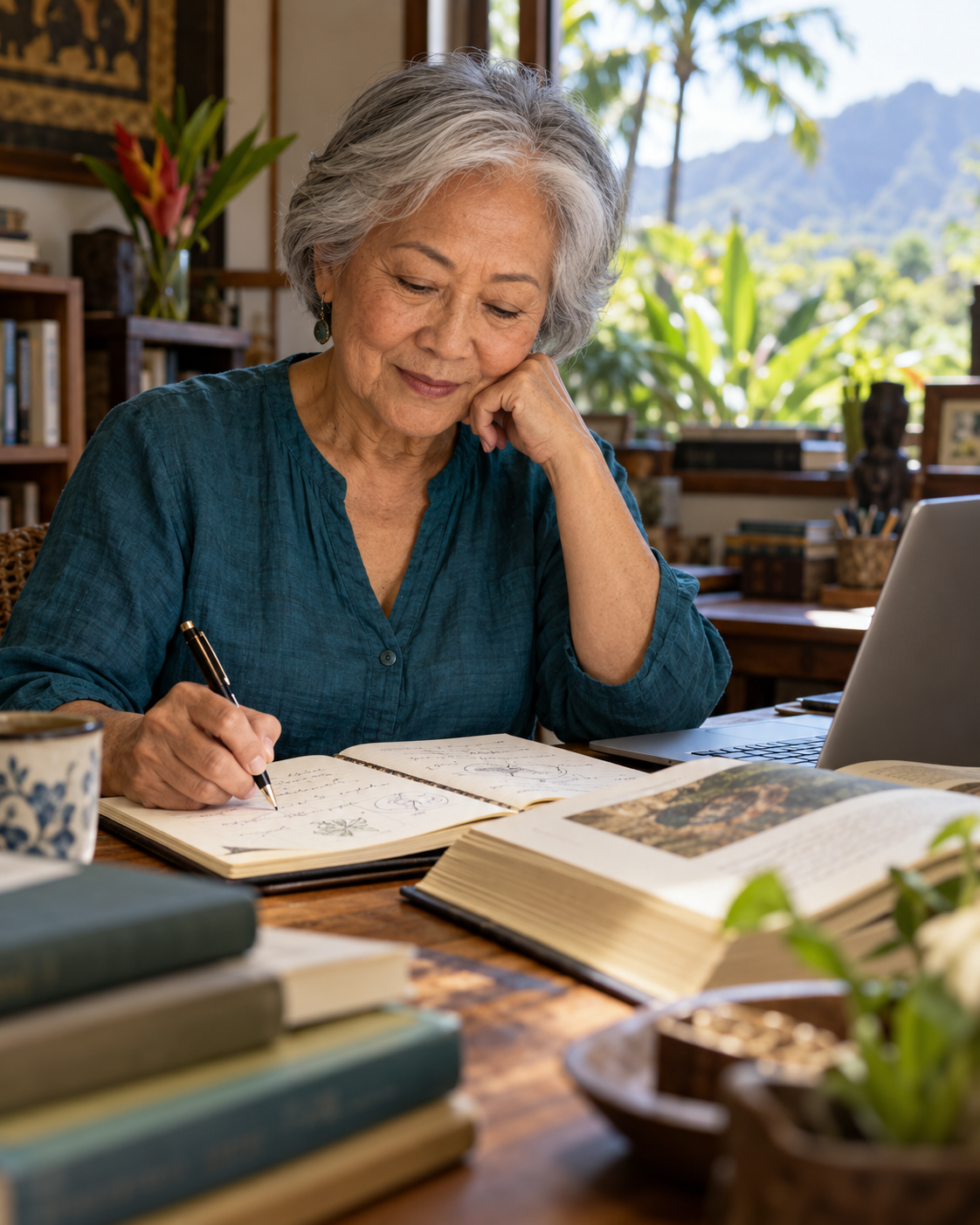 Older woman studying books and writing in a notebook beside a laptop in a bright home study.