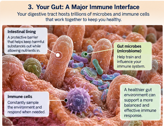 Realistic microscopic-style illustration of the intestinal lining with labeled gut microbes, immune cells and protective intestinal barrier.