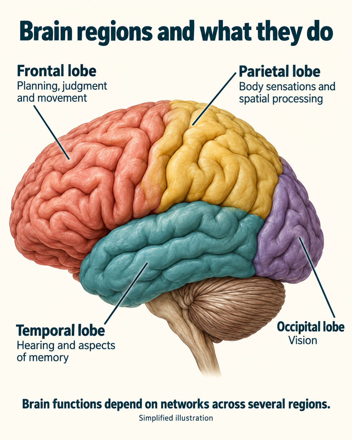 Side view of the brain labeling the frontal lobe for planning, judgment and movement; parietal lobe for body sensations and spatial processing; temporal lobe for hearing and aspects of memory; and occipital lobe for vision.