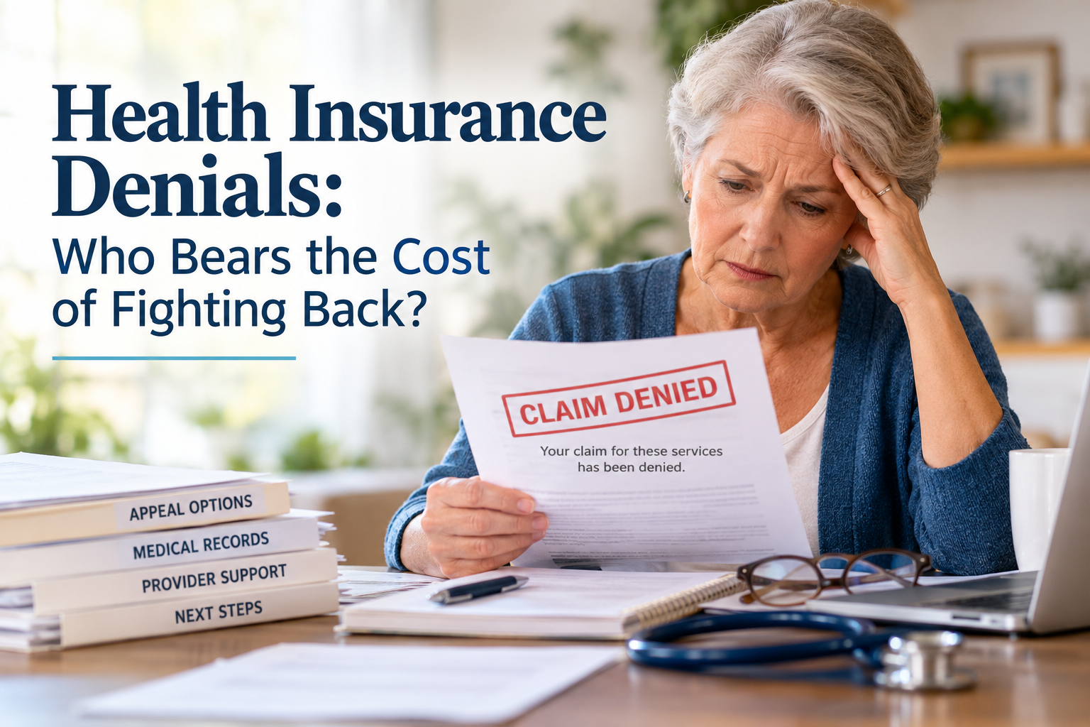 Person reviewing health insurance paperwork after a denied medical claim.